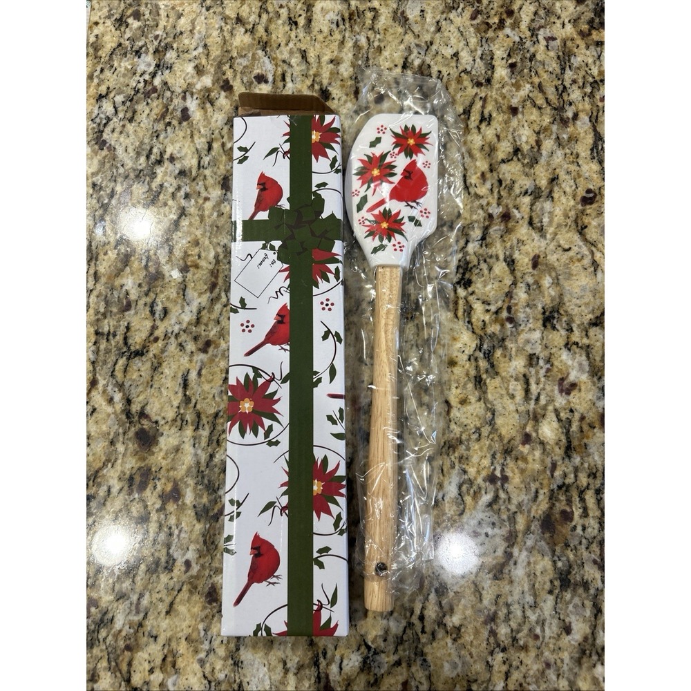 Temptations Christmas Poinsettias & Cardinal  Silicone Spatula Wooden Handle NIB